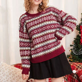 Christmas Red Nordic Fair Isle Geometric Jacquard Knit Pullover Sweater